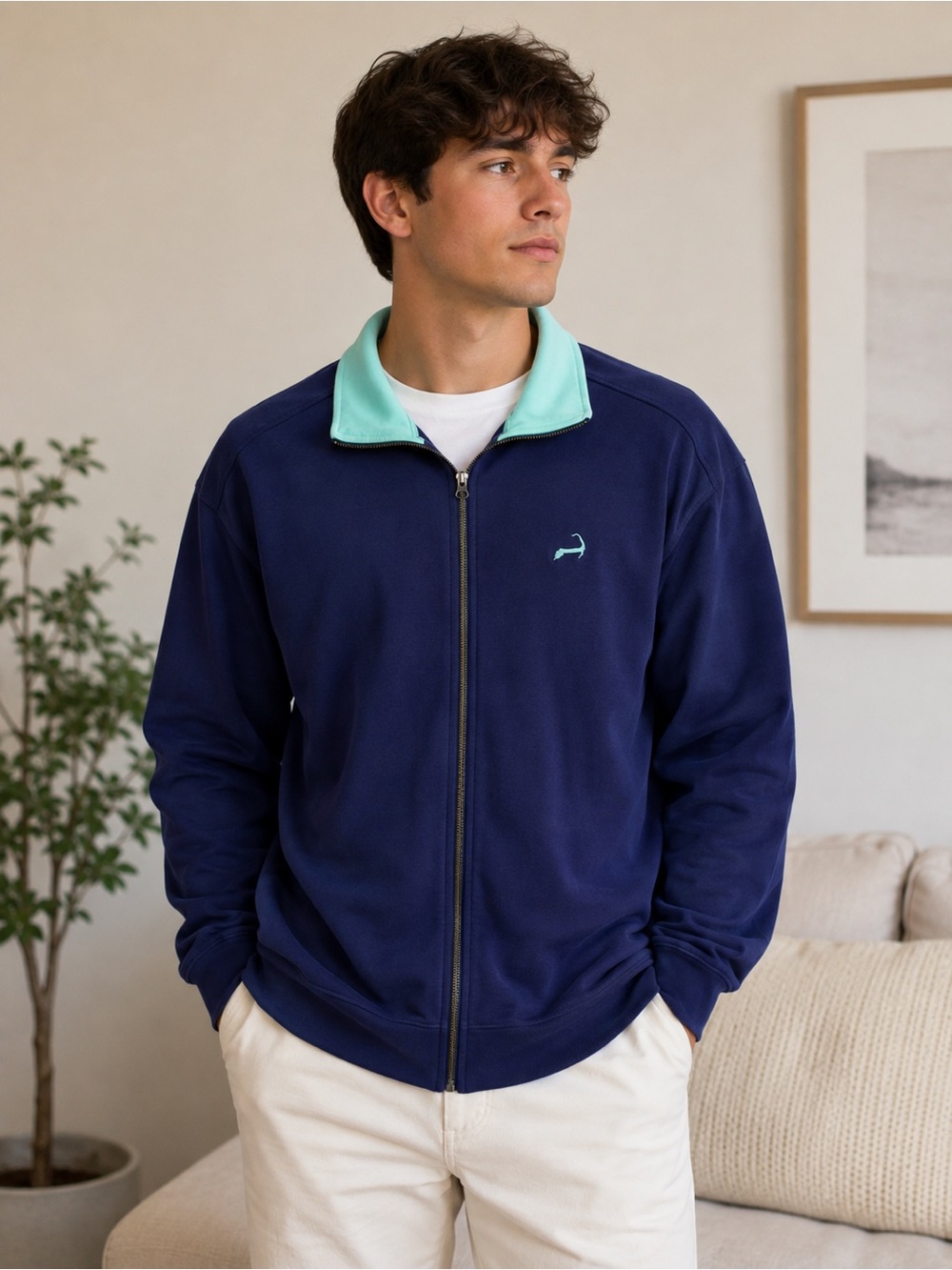 Men’s Cuffy’s of Cape Cod Full Zip Jacket Navy Blue Mint Collar 100% Cotton L